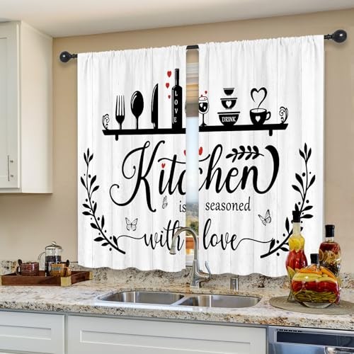 Black White Rustic Kitchen Curtains Short Small Fork Spoon 27.5Wx39H A-white