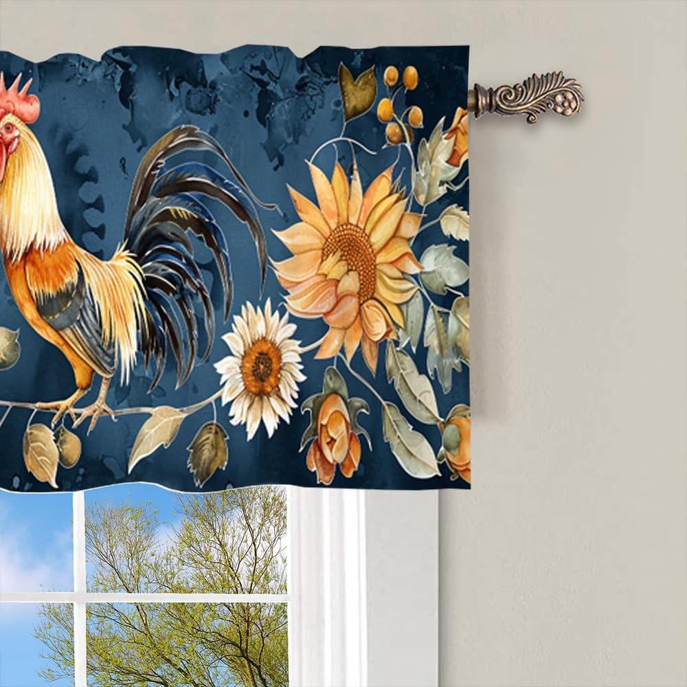 1 Panel Retro Rustic Rooster Kitchen Valance Curtains for Windows, Glam Colorful