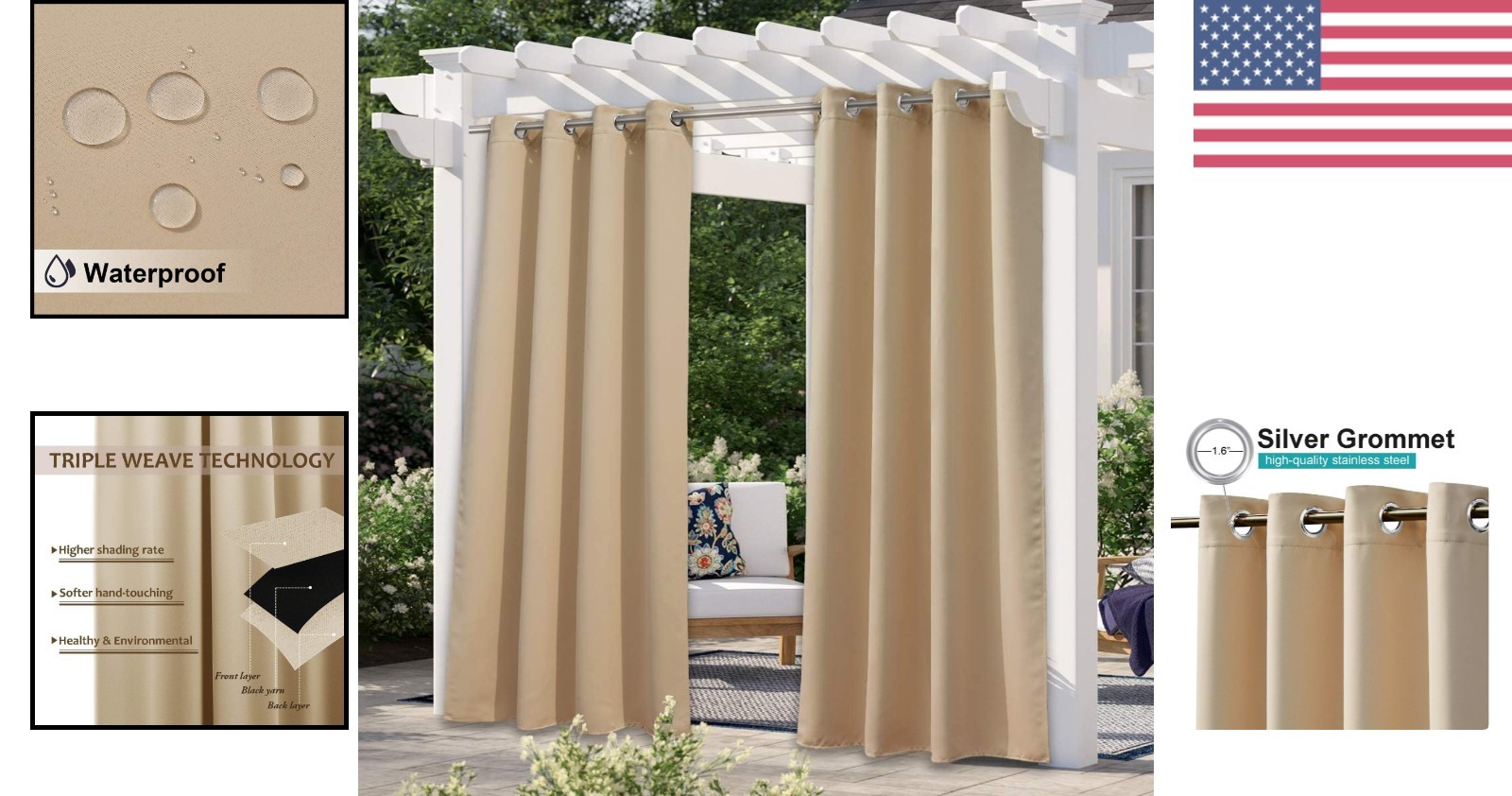 Biscotti Beige Waterproof Outdoor Curtains – 95″ L Blackout Drapes for Privacy