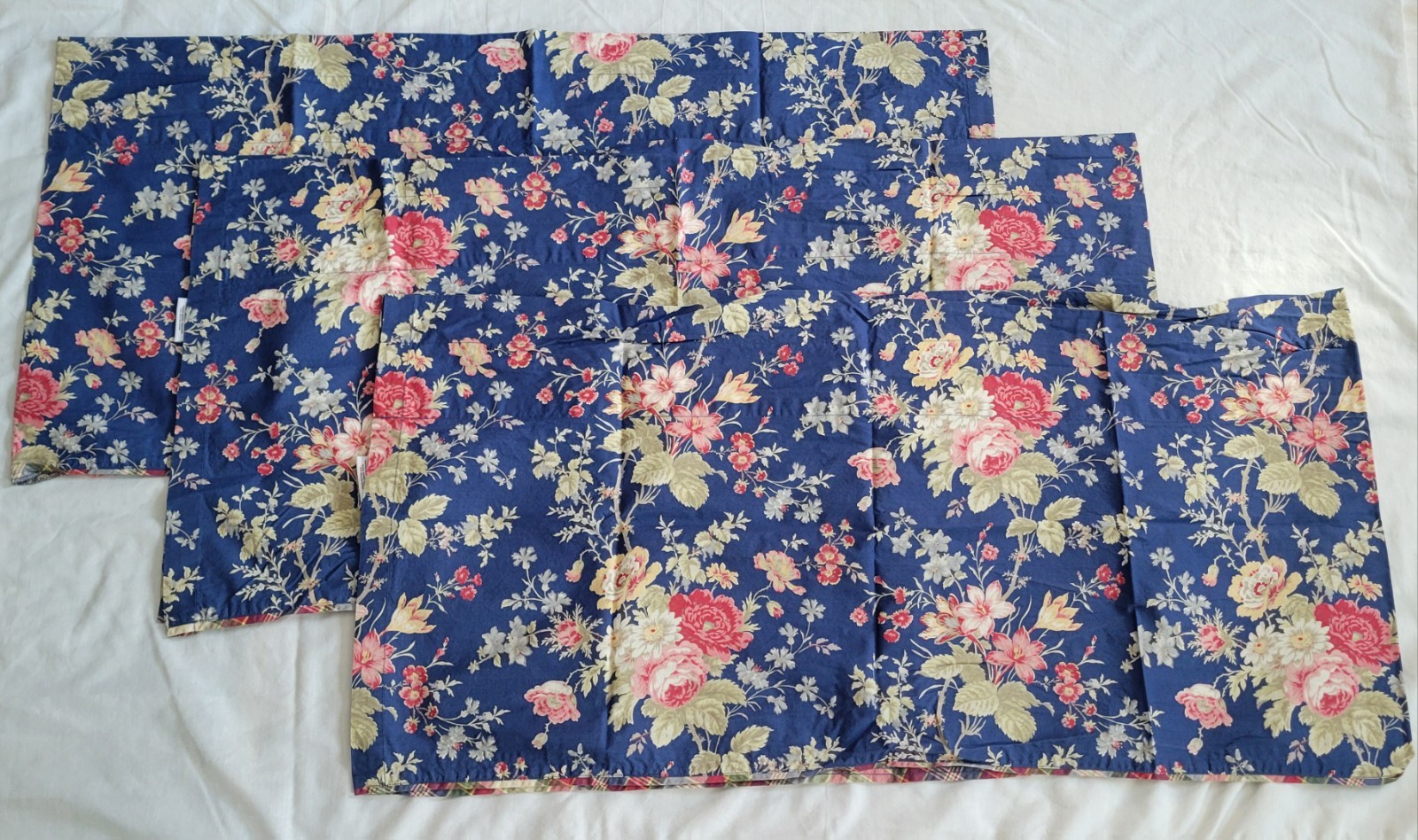 Chaps Home RL Cape Cod Floral w/ Plaid Trim 3 Valances 76″× 19″ Blue/Pink Roses