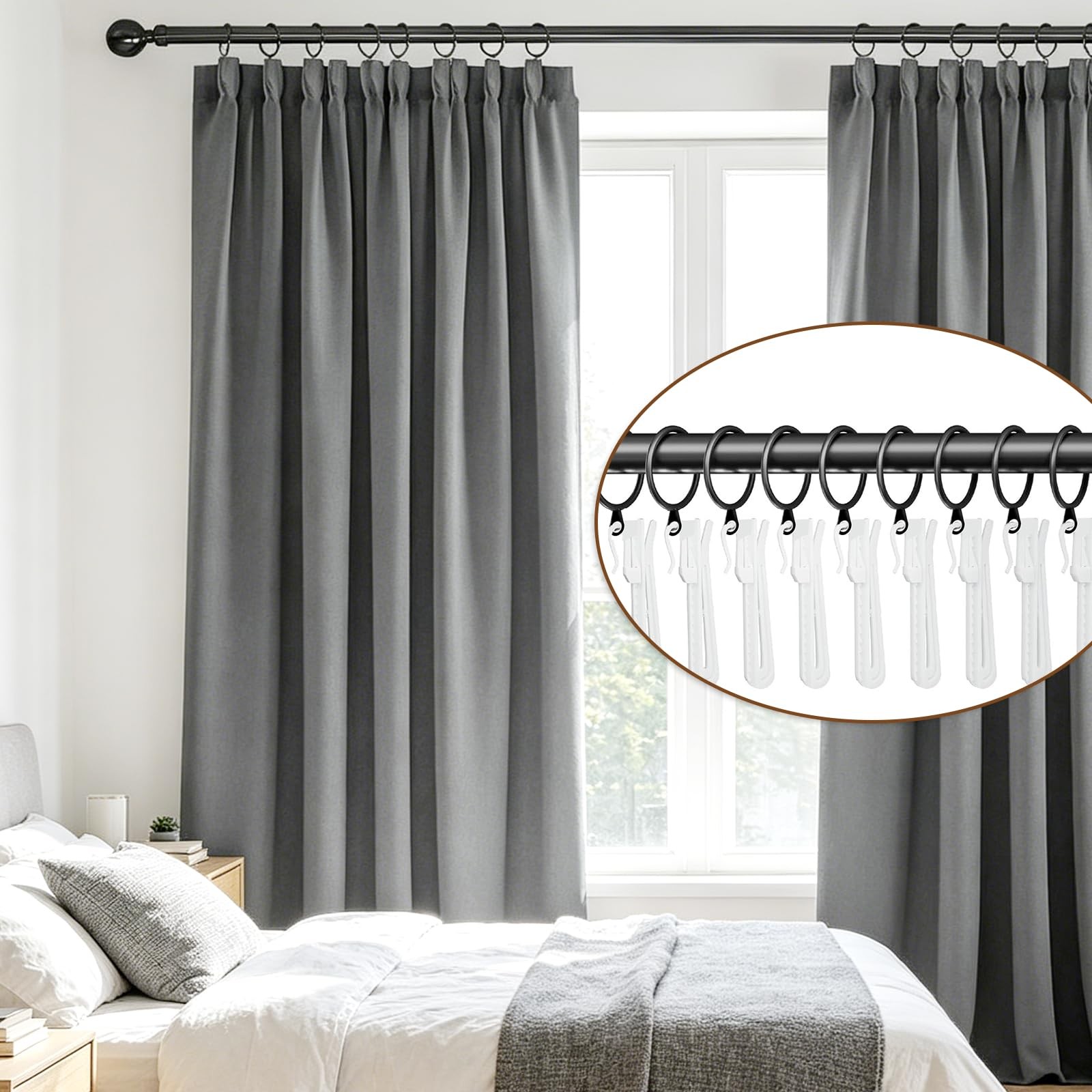 42 Pack Curtain Rings with Hooks, Drapery Ringss, Drapes Rings 1.25 in Interi…