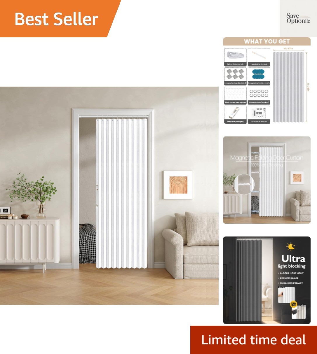 100% Blackout Fabric Folding Door Curtain with Magnetic Closure – Accordion S…