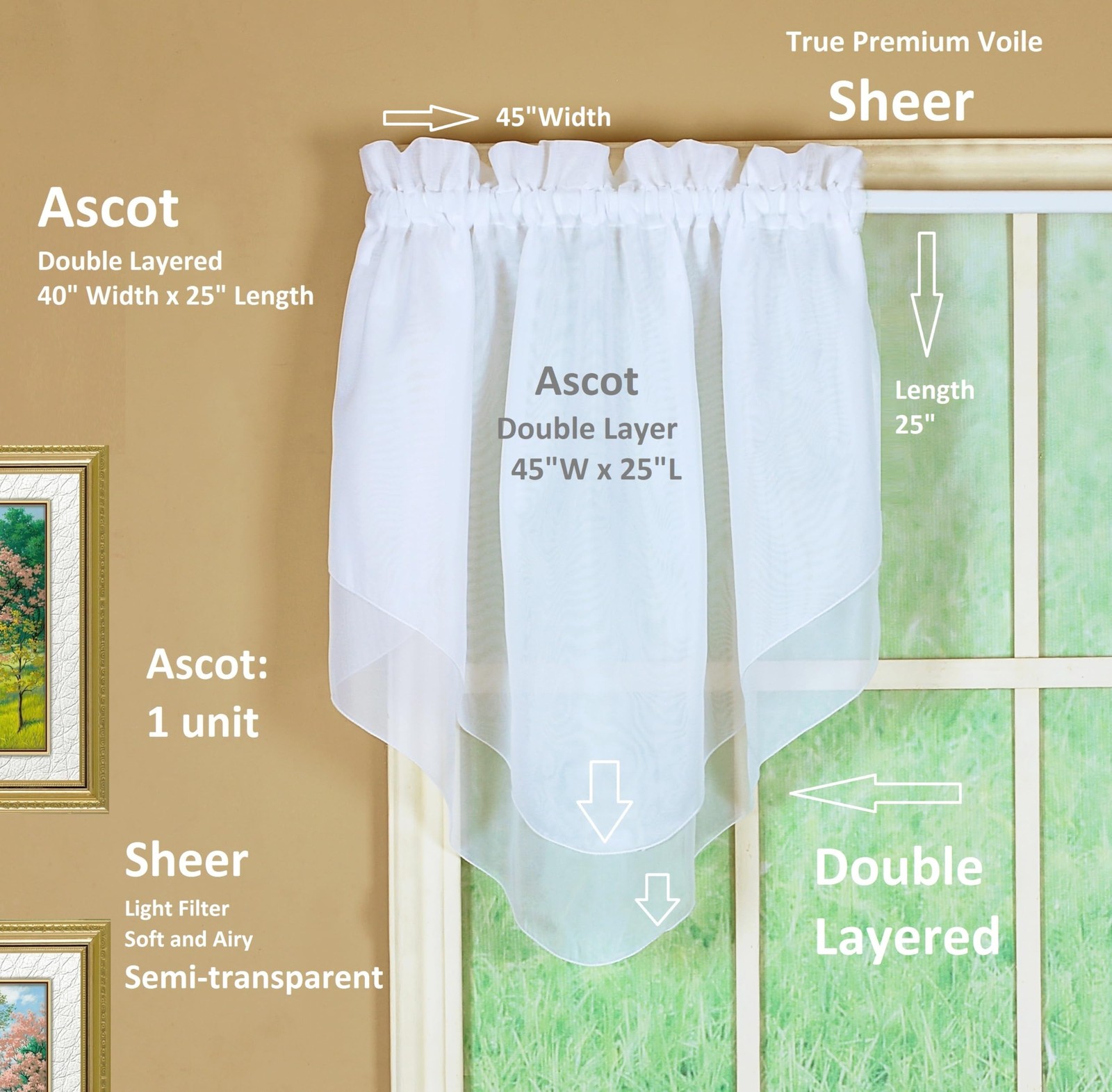 Emelia Premium Voile Sheer Curtain 40 x 25 Inch White Luxury Soft 100 Polyester