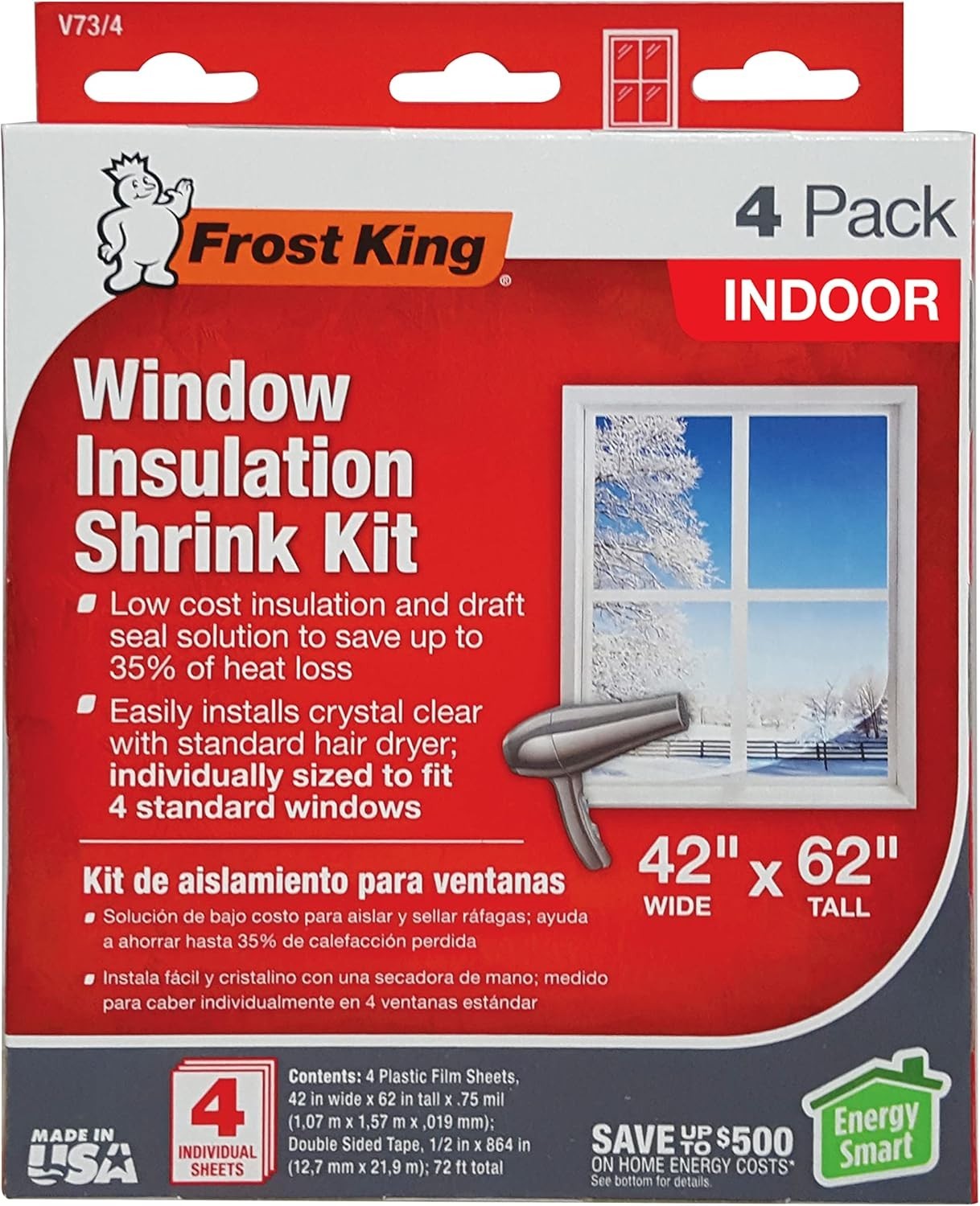 Frost King Shrink Film Window Kit 4 Pack, Clear Transparent Insulation V73/4T