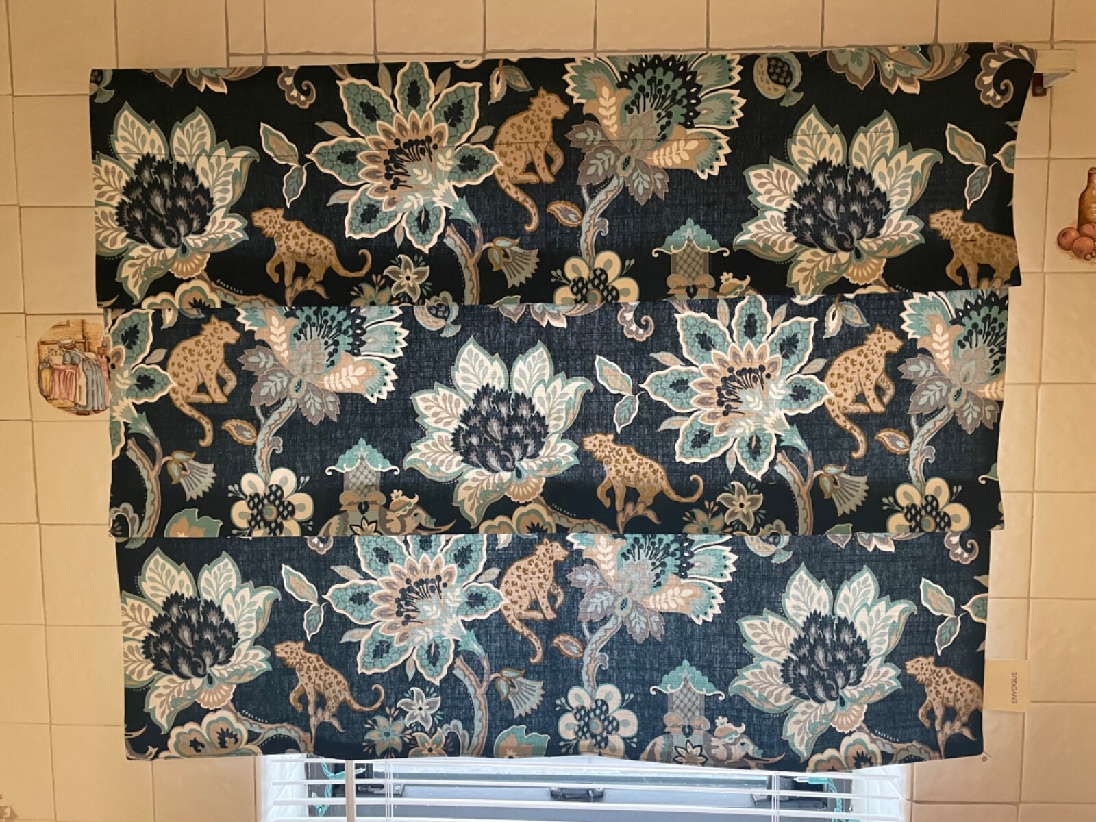 ENVOGUE Faux Roman Lined Window Shade Jacobean Cheetah Floral Blue 34 x 26” New