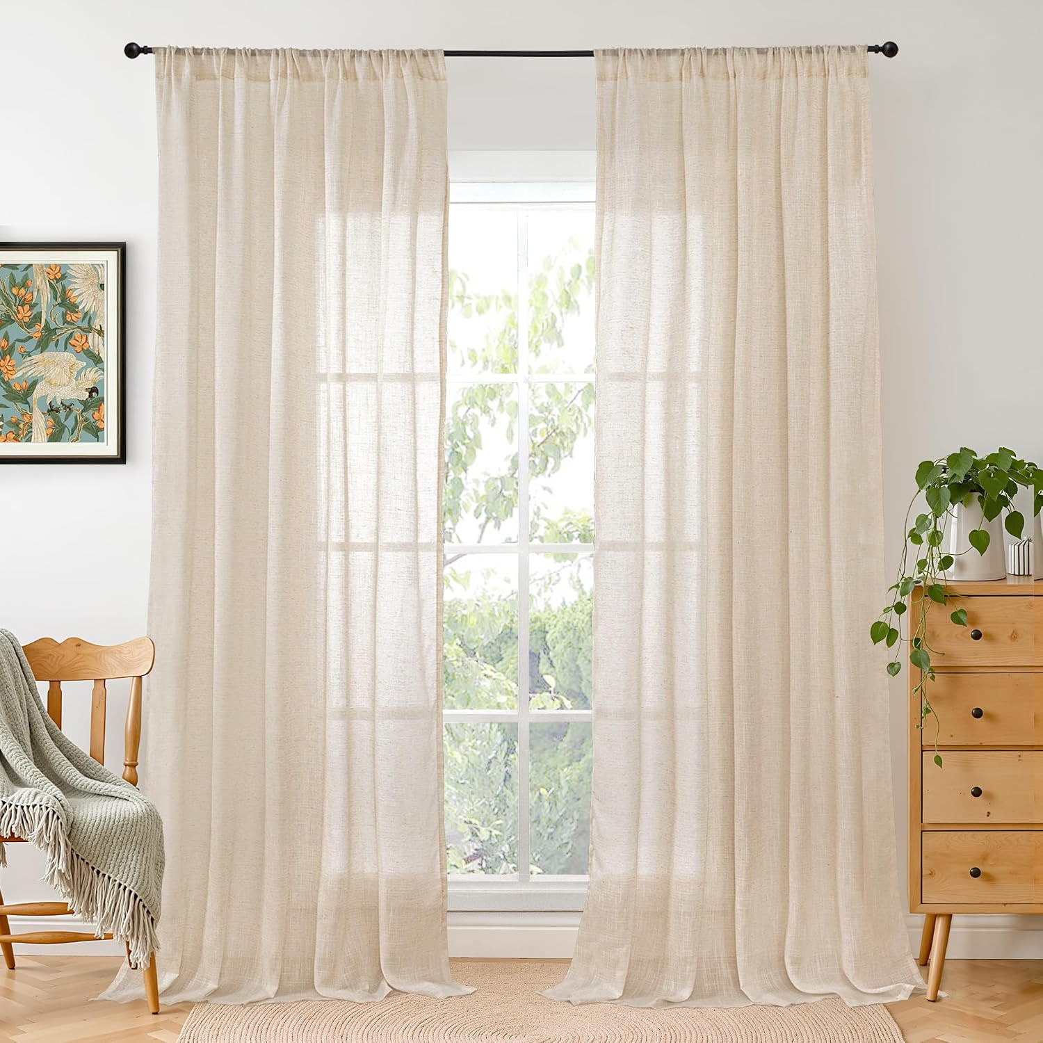 Tan Linen Curtains 84 Inch Length 2 Panels Burlap Semi Sheer Drapes | Light Filt