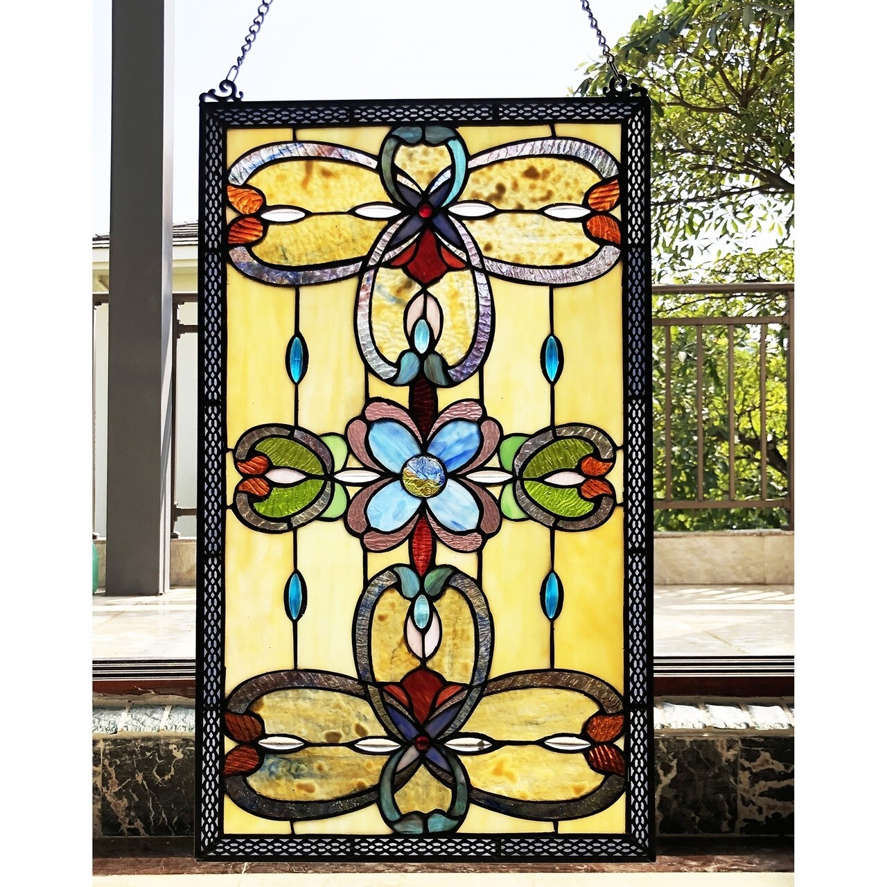 Window Panel Victorian Design 15 X 26 Tiffany Style Stained Glass MATCHING PAIR