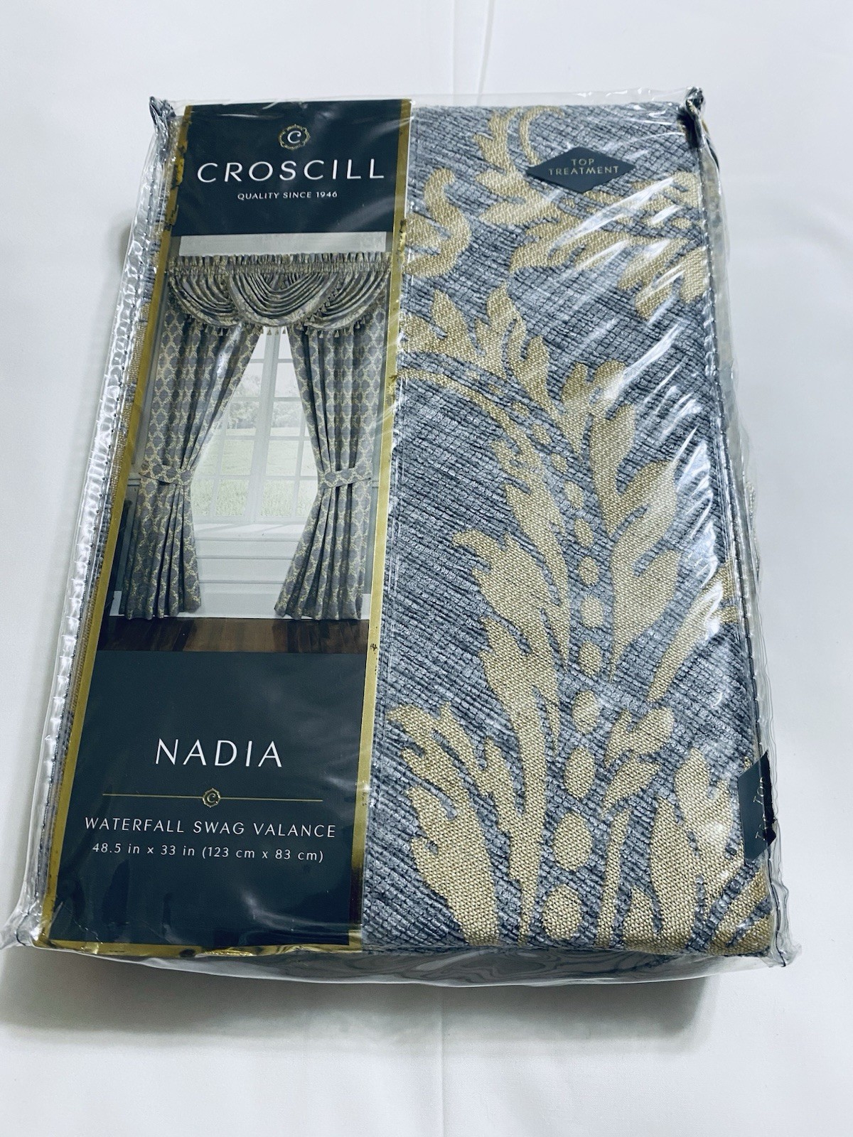 Croscill Nadia Waterfall Light Grey & Gold Swag Valance 48.5in. X 33in. NIP