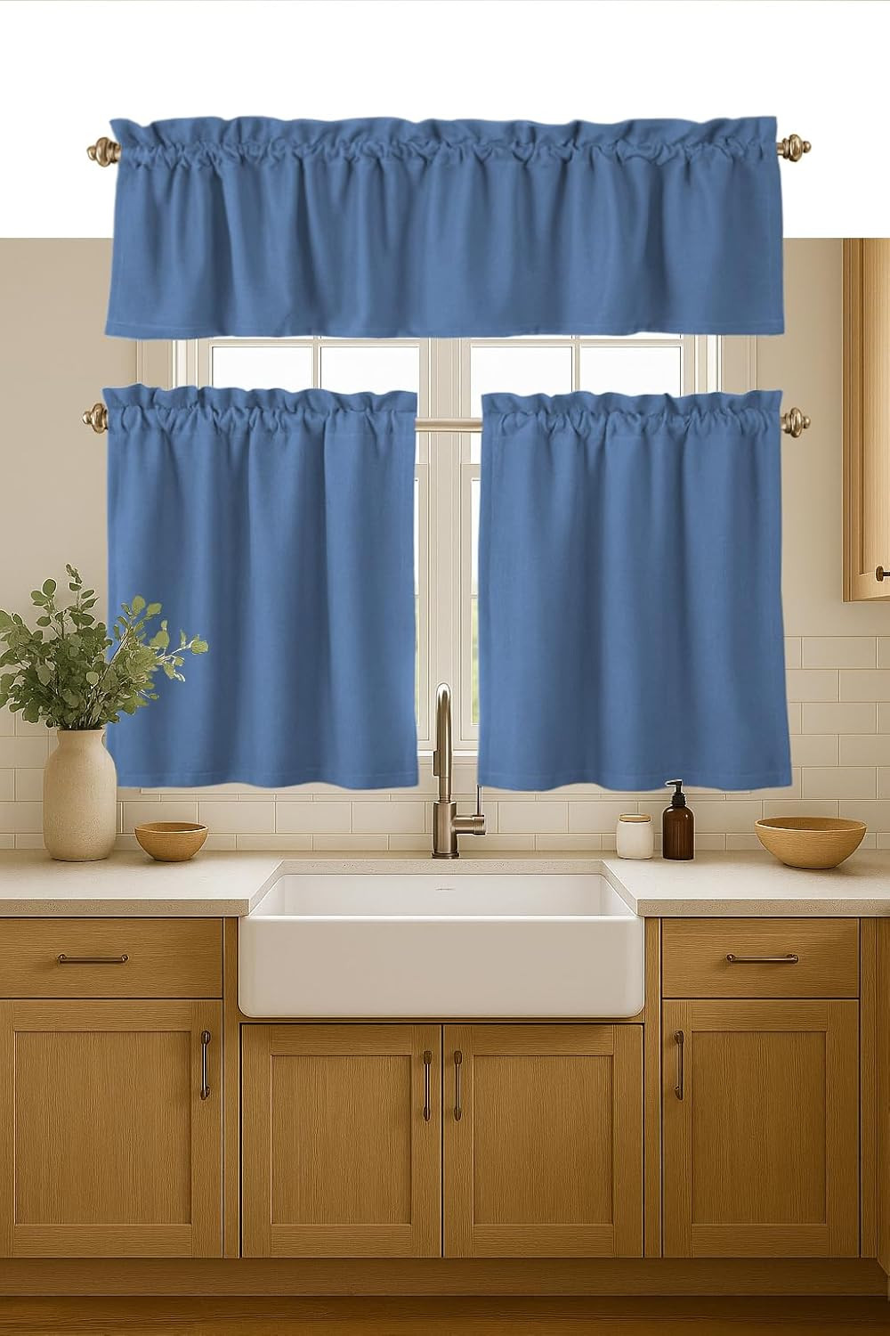 3 Piece Window Curtain Tiers 26″X36″ and Valance 54″X18″ Set – Rod Pocket – Semi