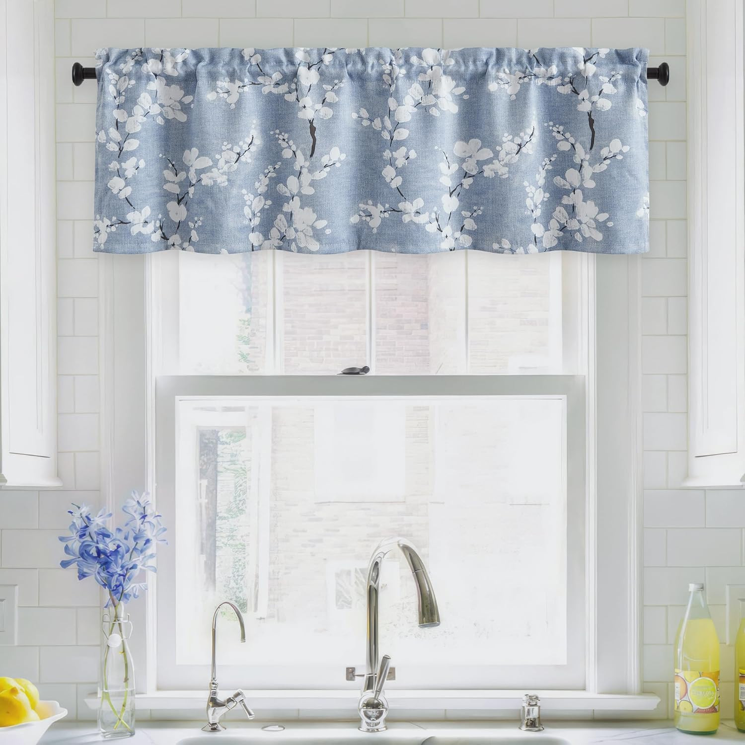 FMFUNCTEX Blue Floral Valance Curtain for Kitchen Windows/Bathroom/Living Room/B