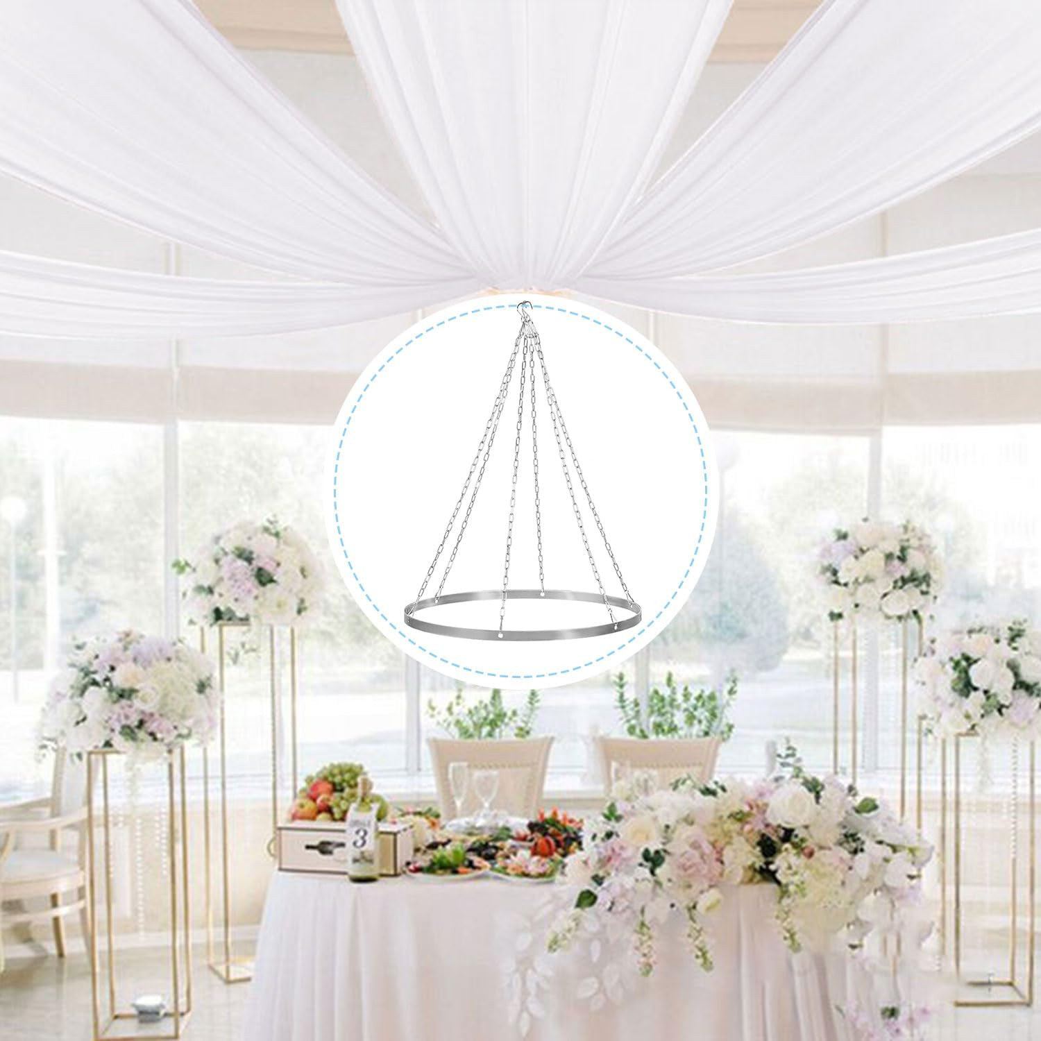 White Chiffon Ceiling Drapes with Hanging Kit for Weddings & Events – 6 Pack