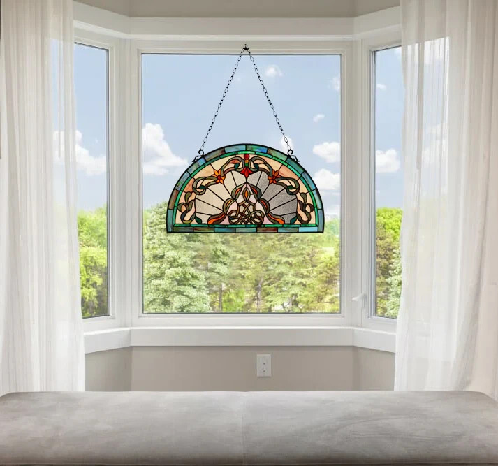 Stained Glass Window Panels Half Moon/Circle Handcrafted Art Glass Matching Pair