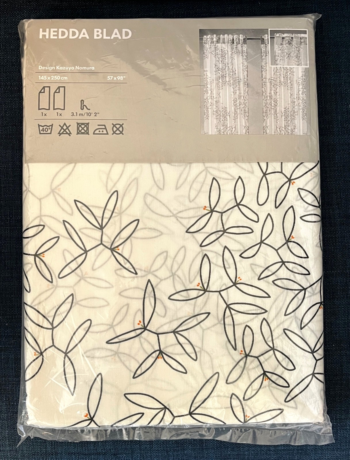 IKEA Hedda Blad Curtain Panel Pair 57″x98″ White Black Floral Kazuyo Nomura NEW