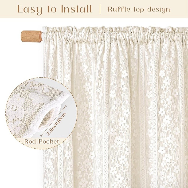 Double Layer Kitchen Curtains Lace Linen Tieback Panels Light Filtering Privacy