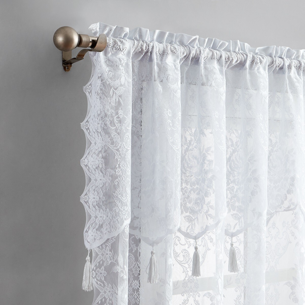 WARM HOME DESIGNS Pair of 2 Sheer Lace Curtains with Attached Valances & Tassels
