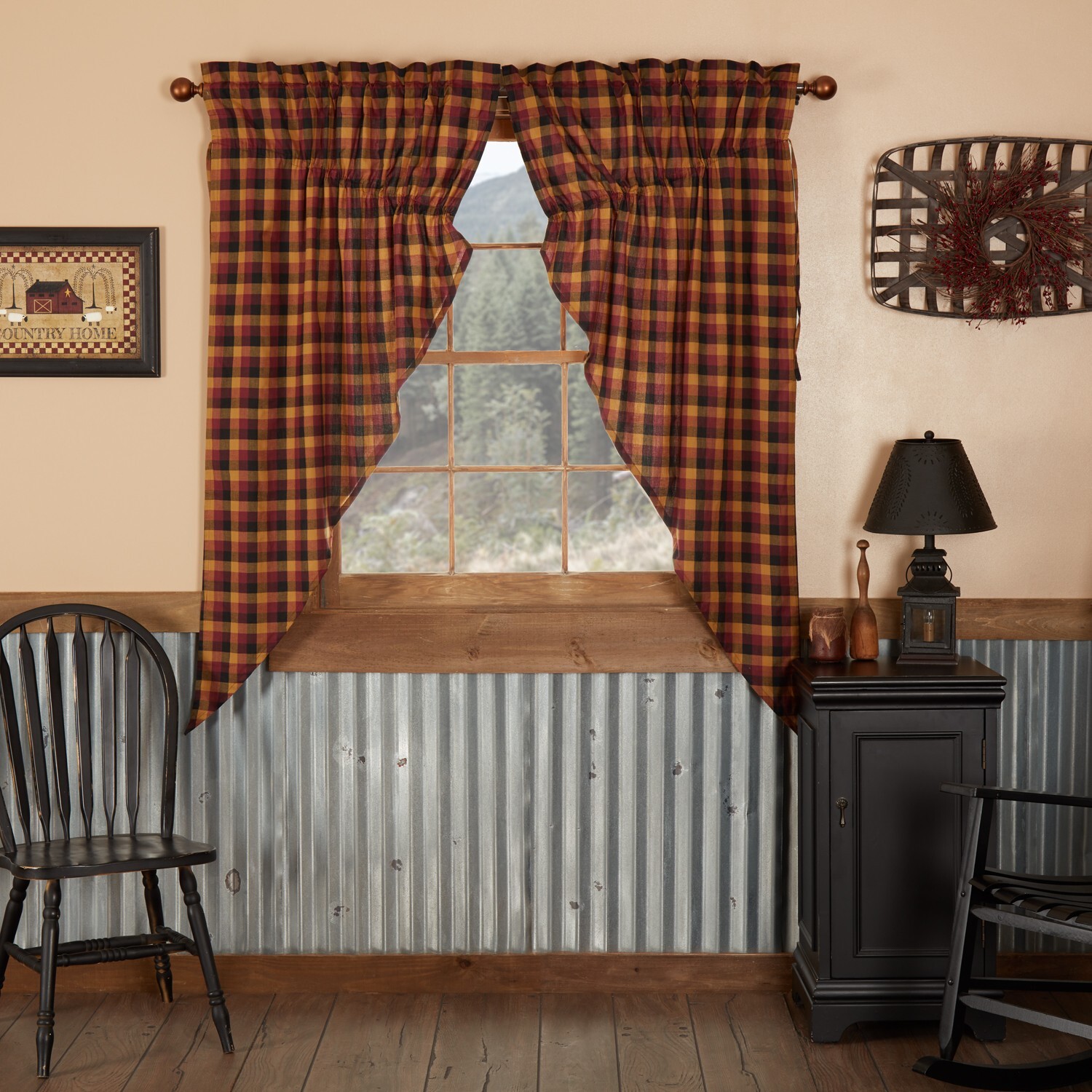 New Wine Black Mustard PRIMITIVE CHECK PRAIRIE SWAGS Gathered Curtain Panels 63″