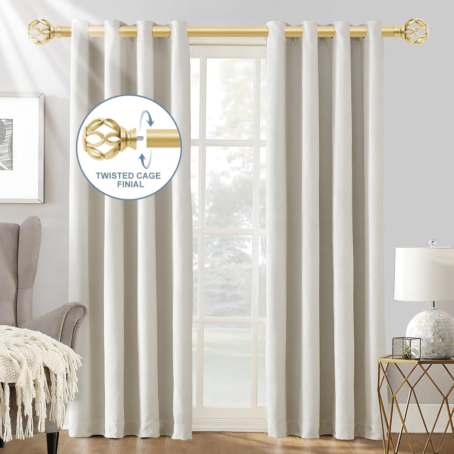 Boho Rustic Brushed Gold Curtain Rod 18–45 in w/ Twist Finials & 3 Brackets New