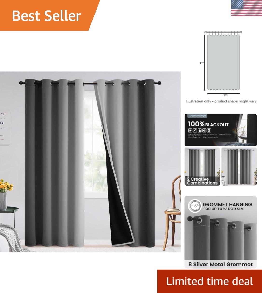 Elegant Ombre Blackout Drapes 52×84 – Thermal Insulated Grommet Curtains, 2 Pack