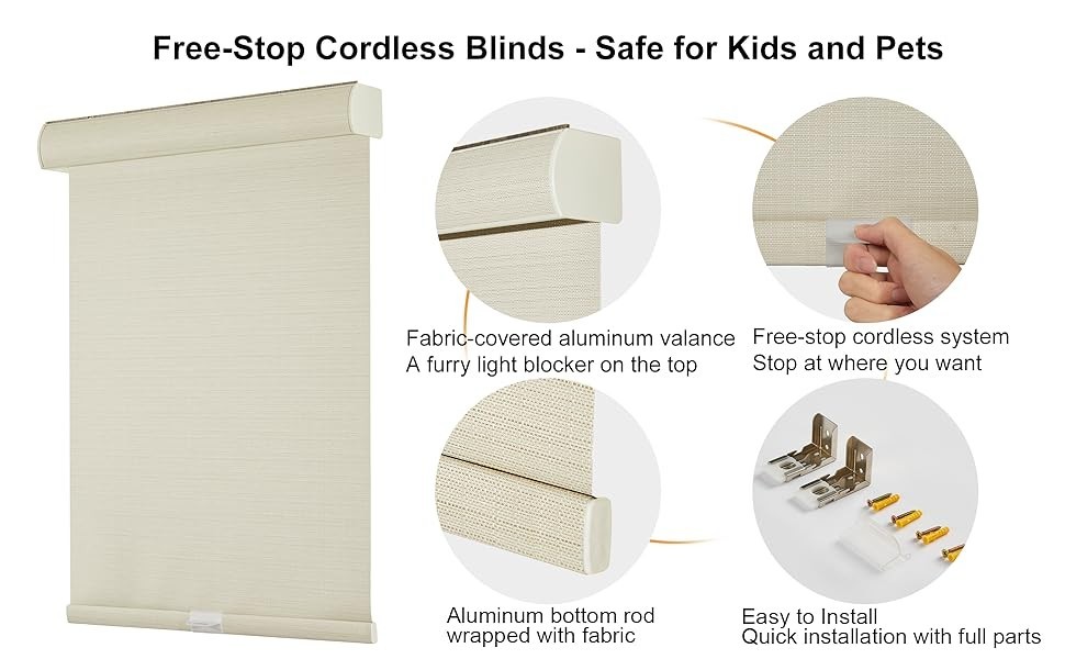 Clearance Beige Free-Stop Cordless 100% Blackout Roller Shades for Window Blinds