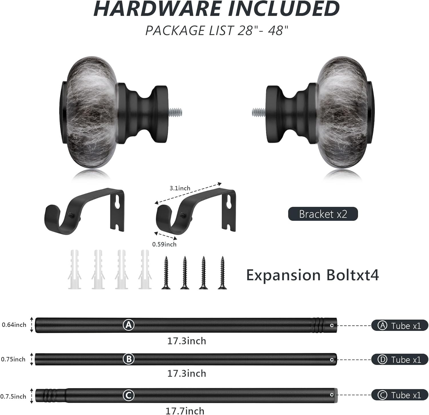 Black Curtain Rods for Windows 28 to 48 Inches, Adjustable Heavy Duty Rods.