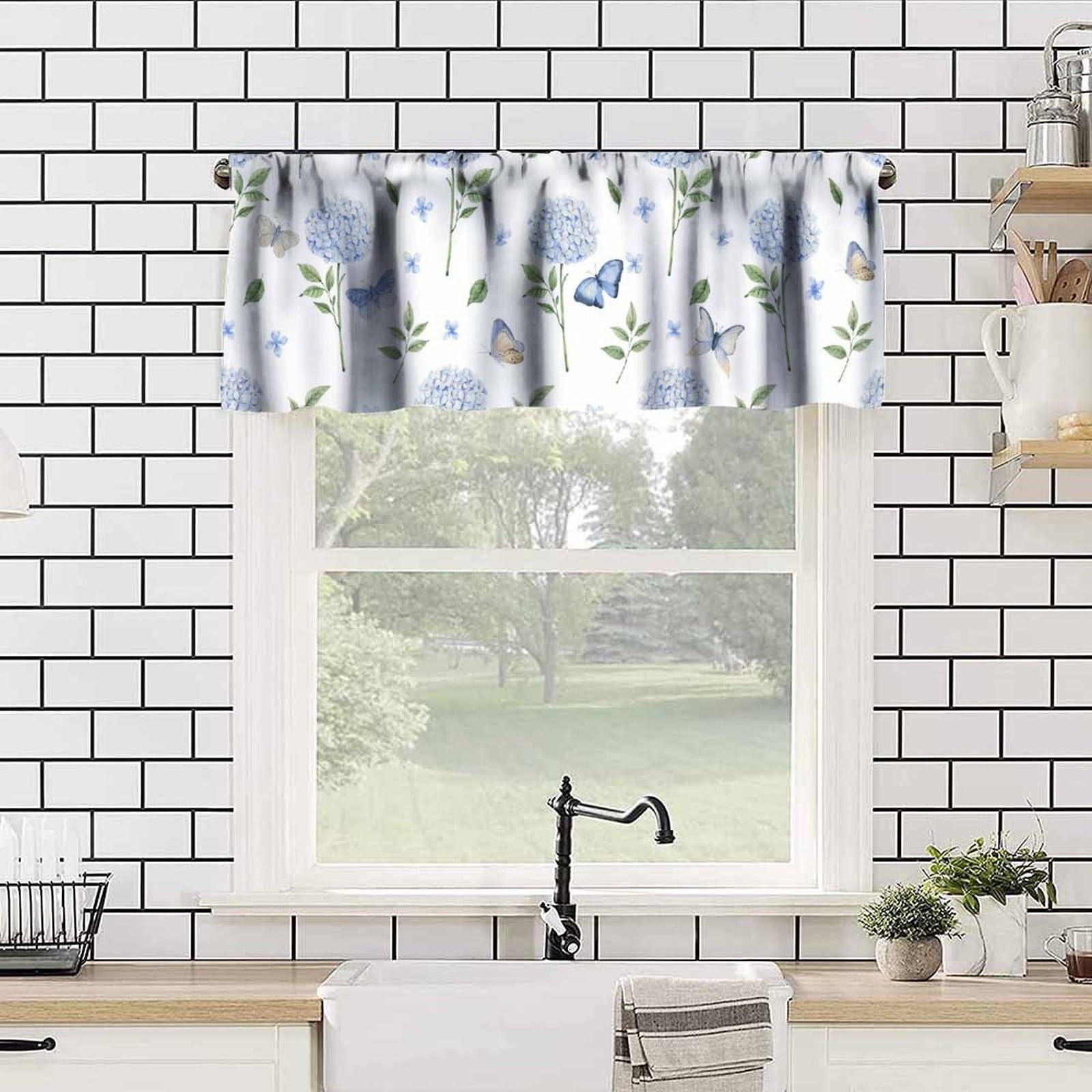 Blue Hydrangea Valance Curtains, Spring Summer Flower Butterfly Rod Pocket Sm…
