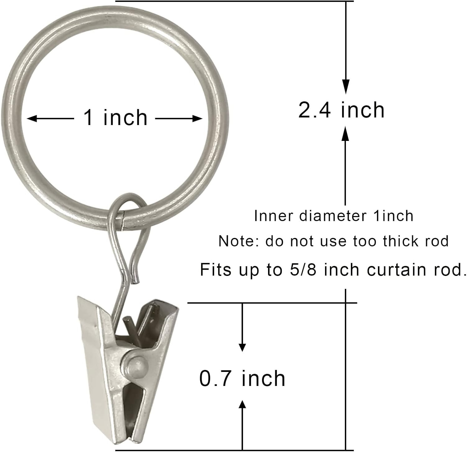 44 Pack Matte Silver Curtain Rings with Clips, Curtain Hooks Hangers Clip Rings