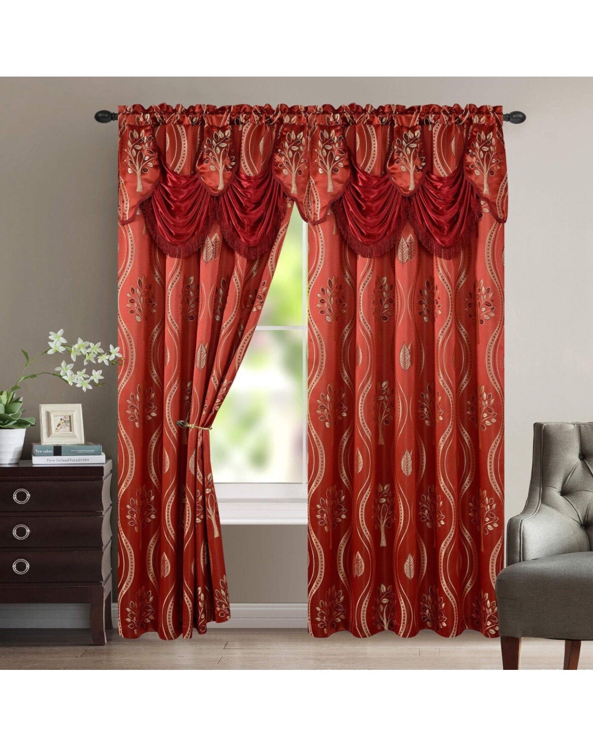 Aurora Tree Leaf Jacquard Window Panel with Attached Valance, Burgundy, 54×84 In