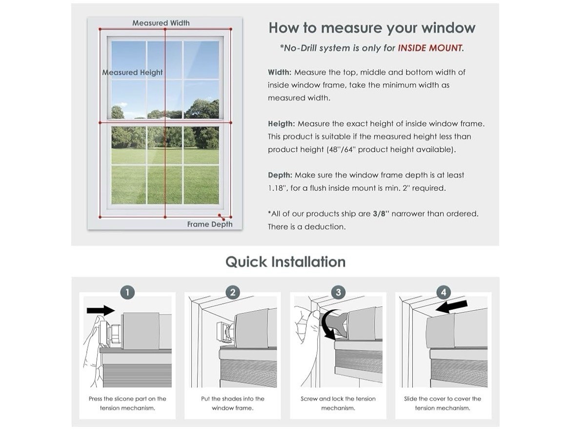 No Tools No Drill 1″ Vinyl Mini Blinds, Cordless 35″ W x 36″ H Cordless-white