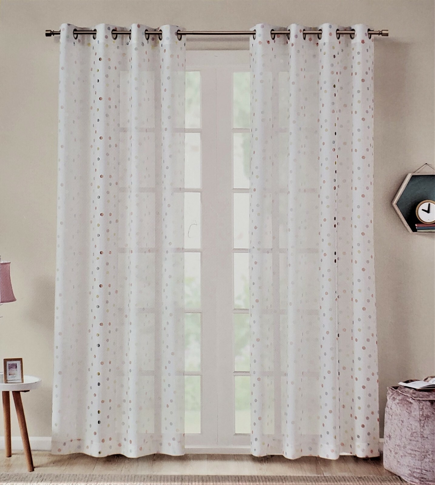 RAINBOW DOT Grommet Top Window Sheer 84 In Length Set of 2 White
