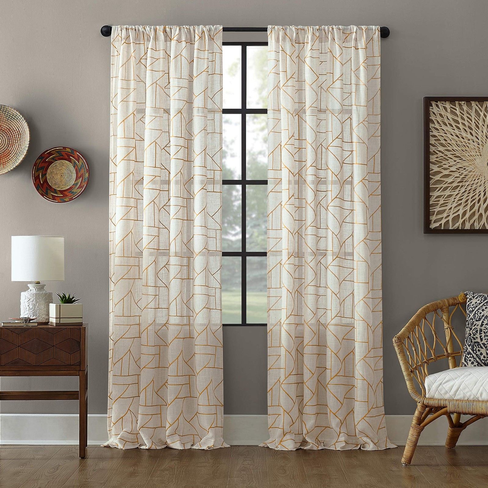 – 54889 Fragmented Geometric Embroidery Mid-Century Modern Natural Blend Curt…