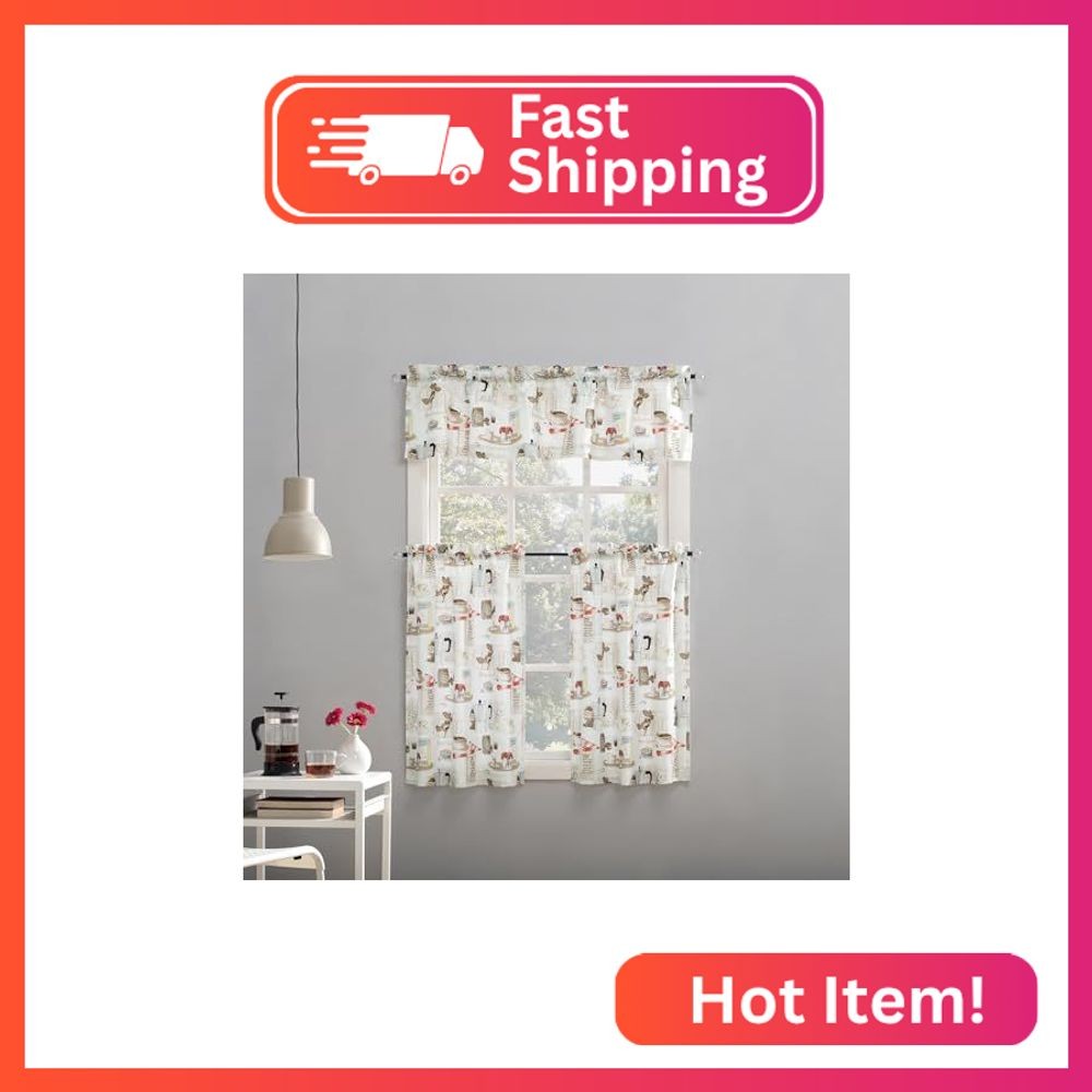 No. 918 Brew Coffee Shop Semi-Sheer Rod Pocket Kitchen Curtain Valance and Tiers