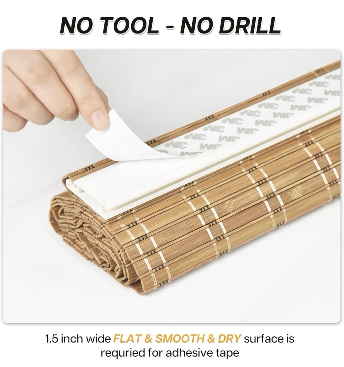 No Drill Cordless Bamboo Roller Shades 35×64 Brown Light Filtering Window Blind
