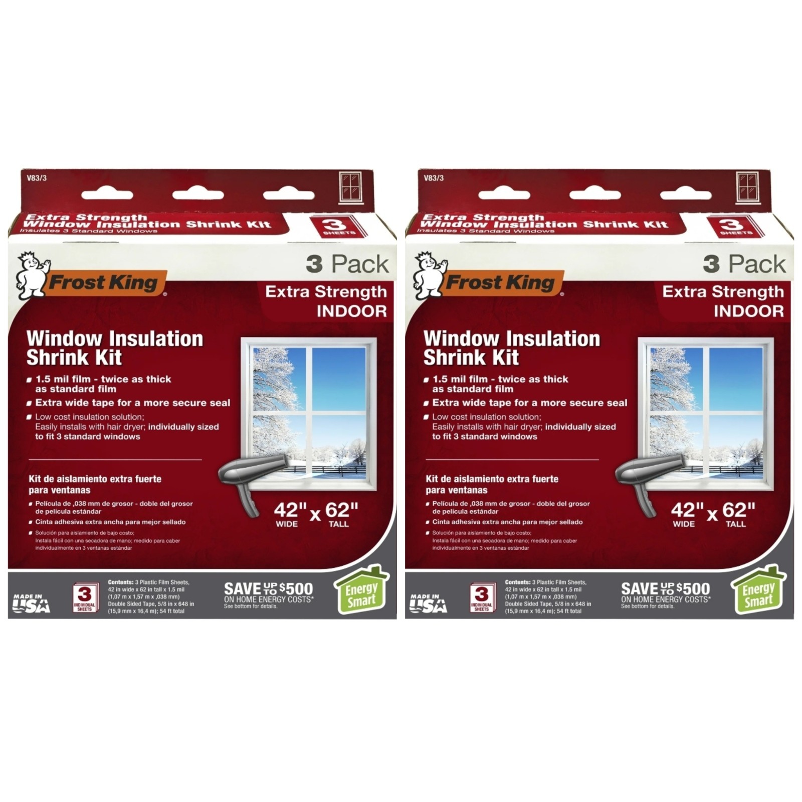[2X] Frost King V83/3 Heavy Duty Plastic Film Shrink Window Kit 3-Pk 42″ x 62″