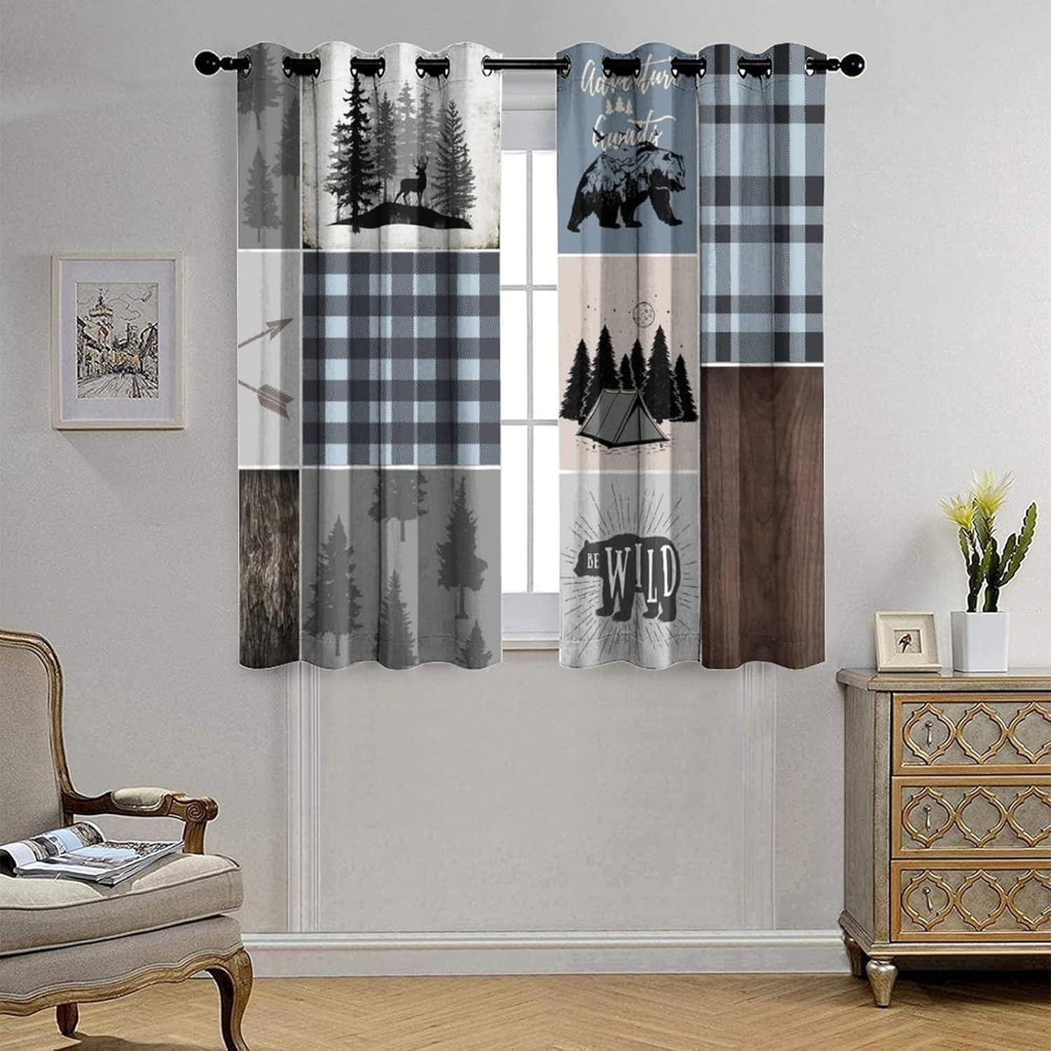 Rustic Bear & Deer Blackout Curtains, 2 Panels, Thermal Insulated 84×42