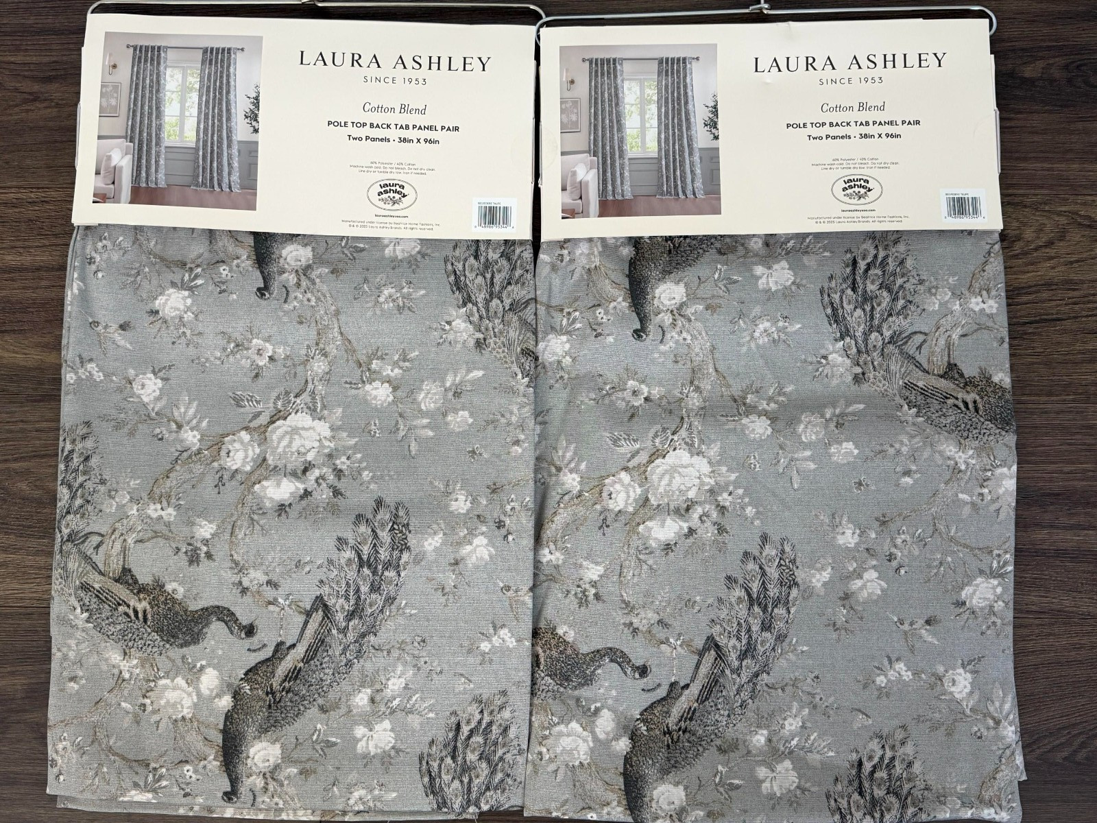 Laura Ashley set of 4 Cotton Blend Curtains 38×96 Gray Peacock Belvedere Floral