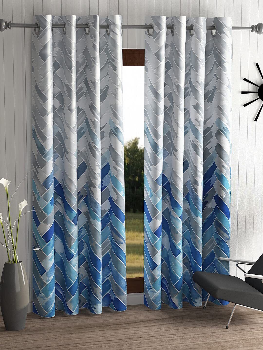 2 Pieces Geometrical Panel Eyelet Polyester Door Curtains – 7 Feet