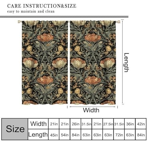 Rustic Floral Bird Decor Curtains – Vintage Blue Botanical Window Drapes 42x45in