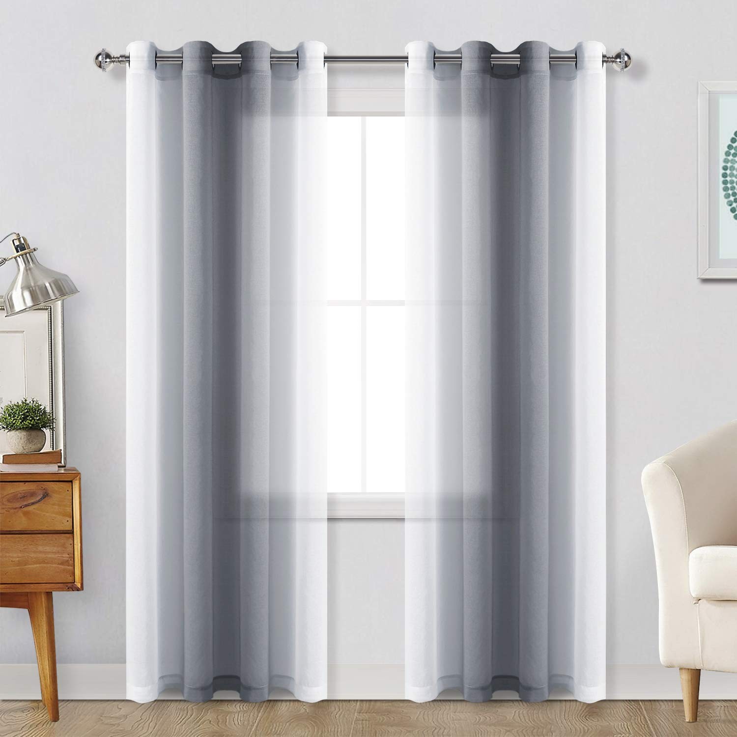 Grey Ombre Sheer Curtains for Living Room – Faux Linen Voile Gradient Grommet…