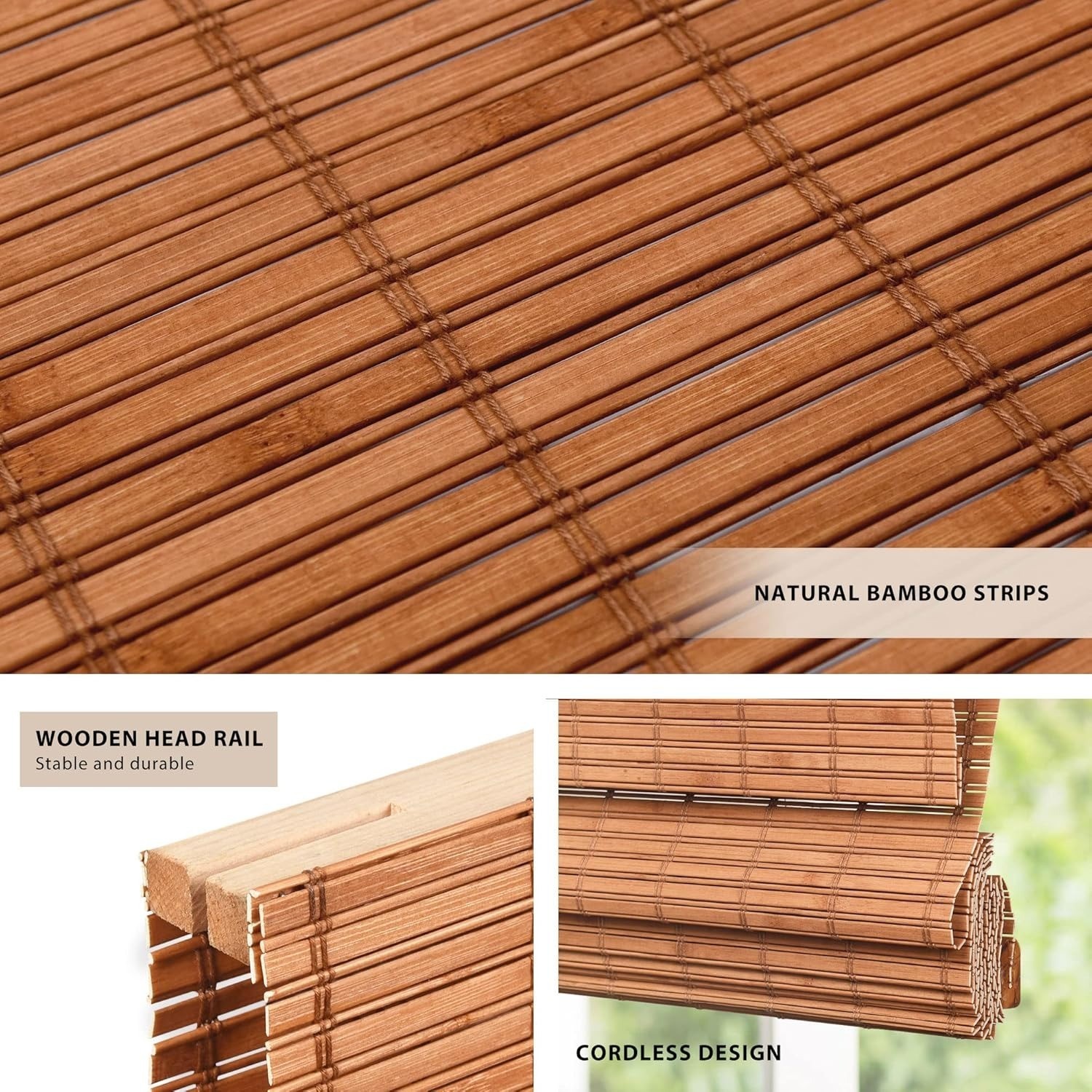 LazBlinds No Tools No Drill Cordless Bamboo Roman Shades Window 39″ W x 64” H