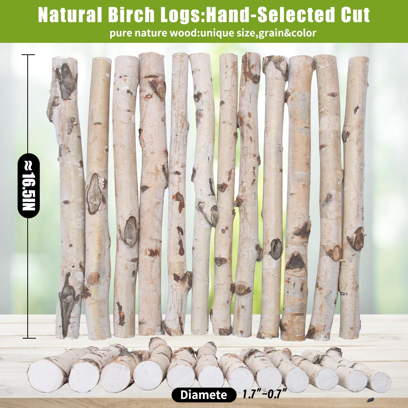 12 PCS Natural Birch Logs Fireplace Decor 0.71.7 In Dia 16.5 Inch Long Wood