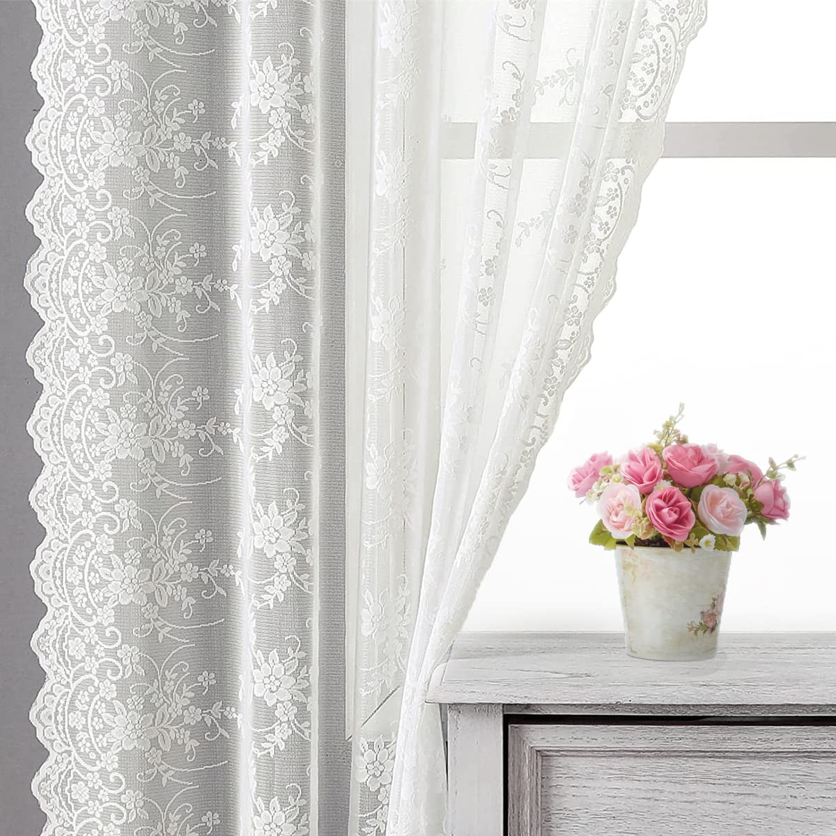 Ivory Lace Curtains 54 Inch Length 2 Panels Set Rustic Vine Floral Lace Curtains