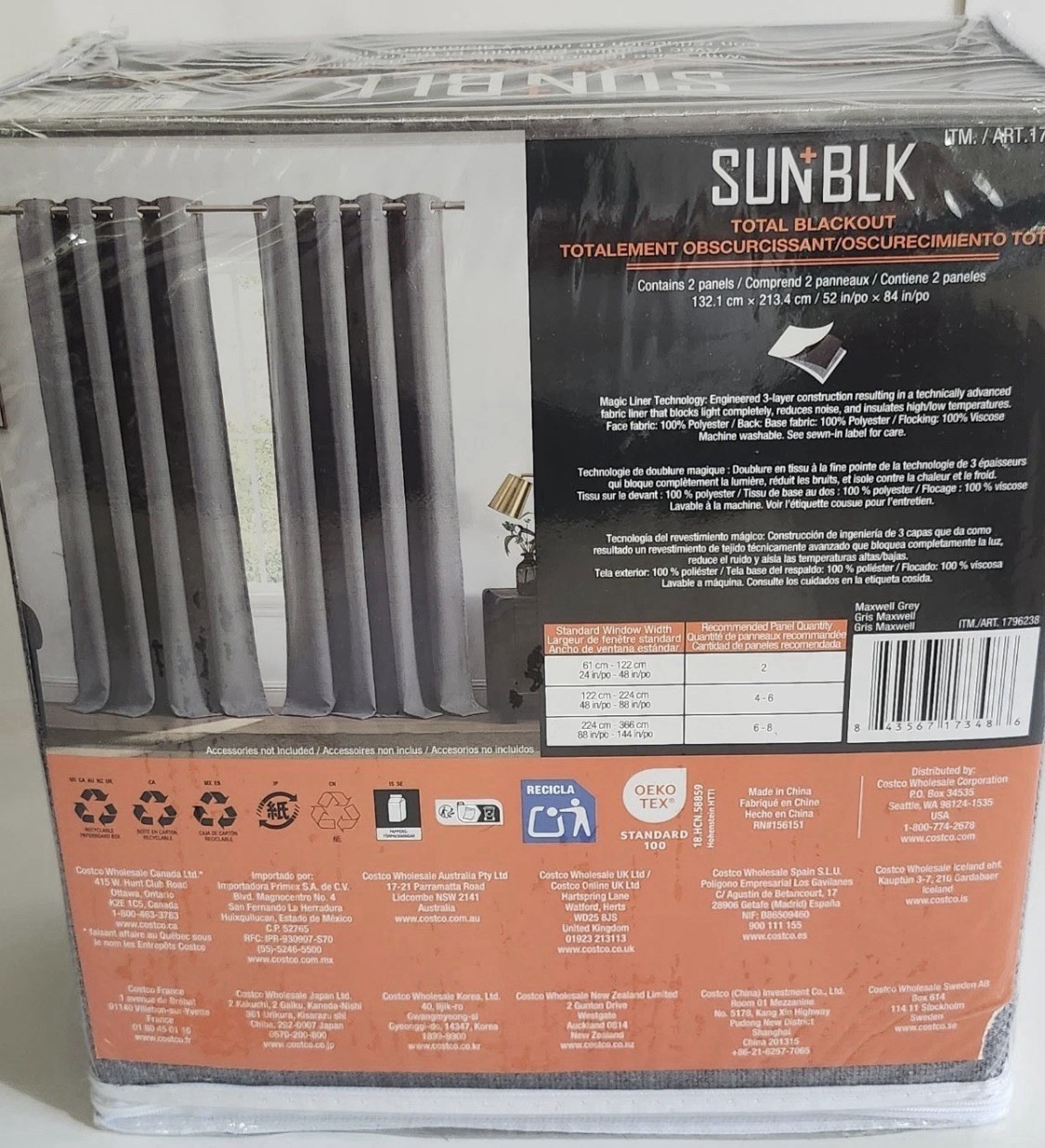 SUN+BLK Total Blackout Window Curtains, 52” x 84”, 2 Thermal panels Maxwell Grey