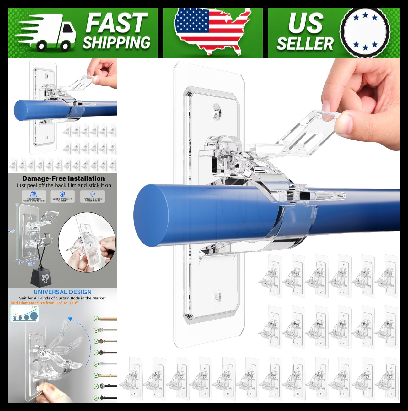 24-Pack Self Adhesive Curtain Rod Holders, No Drill Hooks for Home Decor
