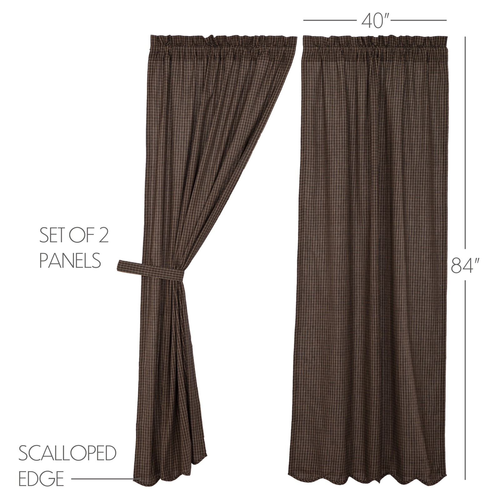 VHC Brands Primitive 84″x40″ Plaid Panel Pair Black Rod Pocket Window Curtains