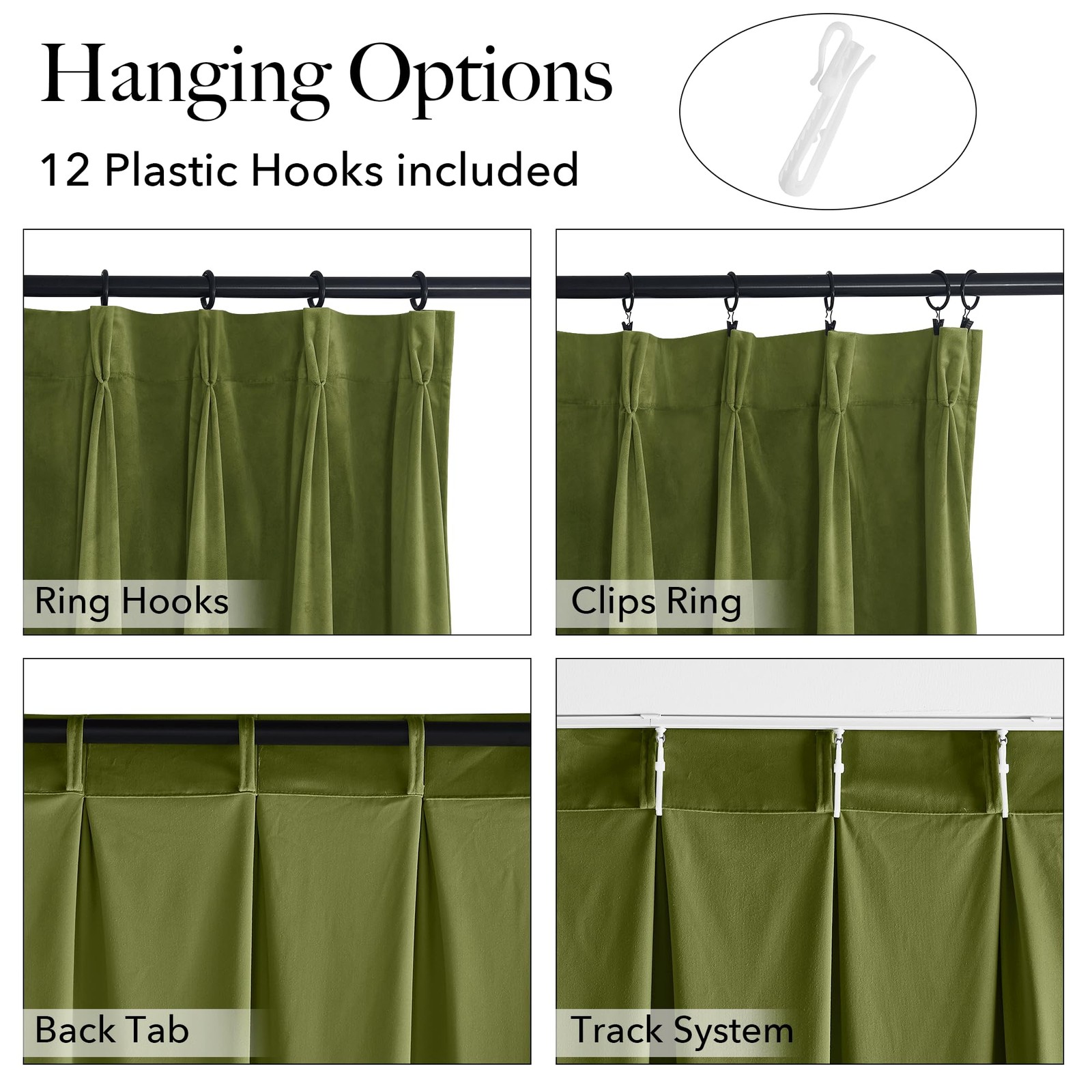 StangH Olive Green Velvet Pinch Pleated Curtains 96 inches Long, Block Light …