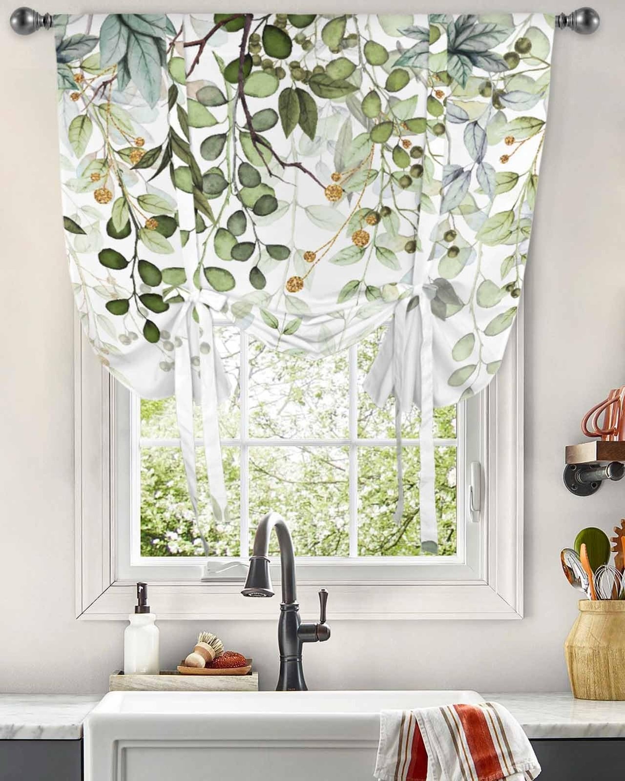 Sage Green Leaves Kitchen Window Shades Tie Up Curtains, Rustic Leaf Branches…