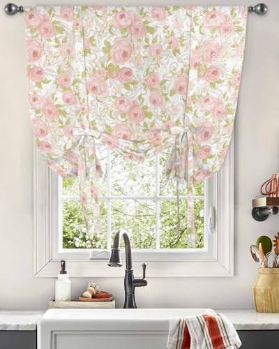 Pink Flower Tie Up Curtains for Window, 42″W x 45″L (Pack of 1) Pink Floral