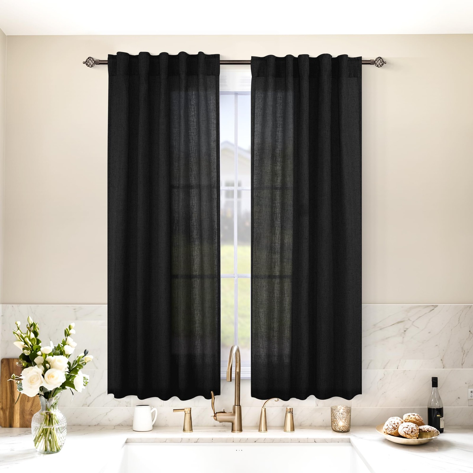 Linen Curtains 54 Inch Length 2 Panels Set for Bedroom, Back Tab Light Filter…