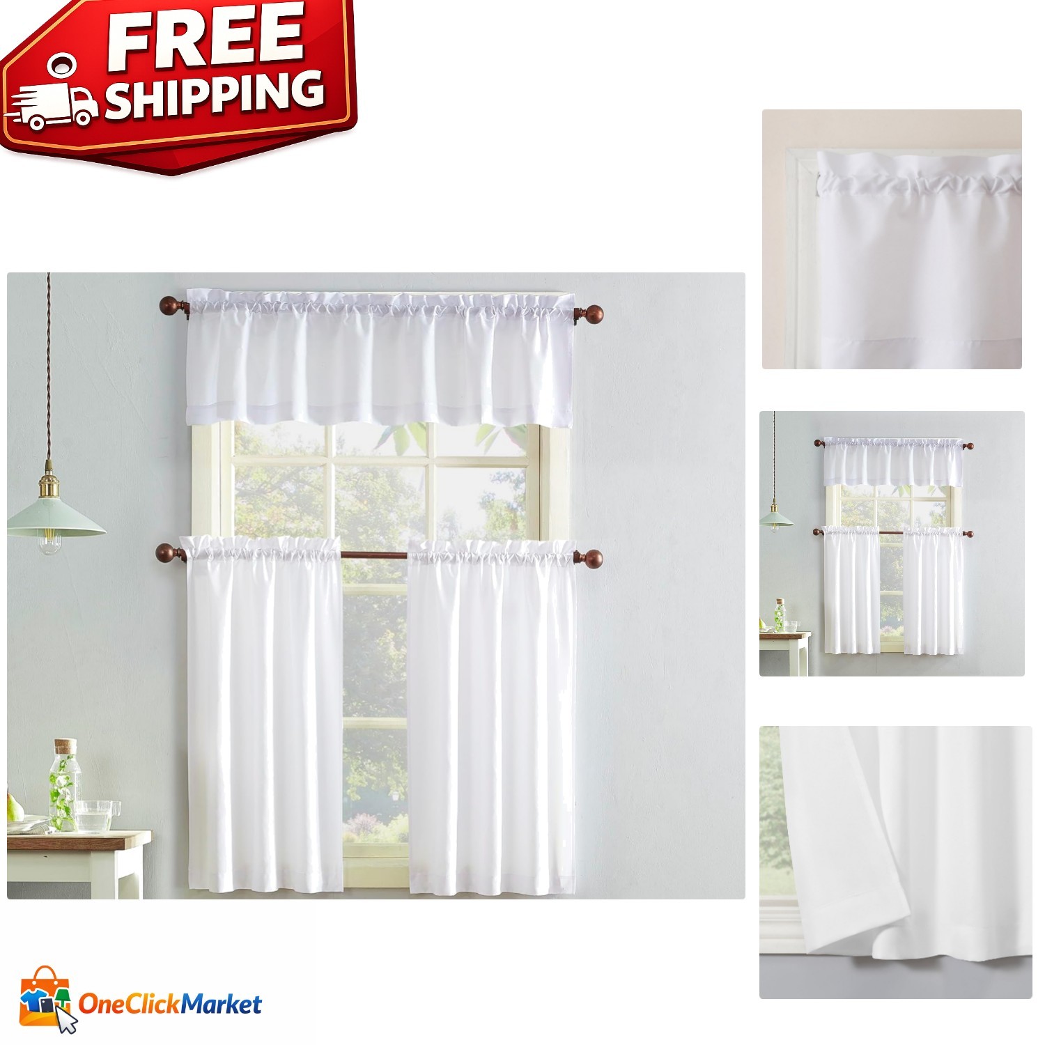 Martine Semi-Sheer Microfiber Kitchen Curtain Set, 54” x 36”, White Elegance