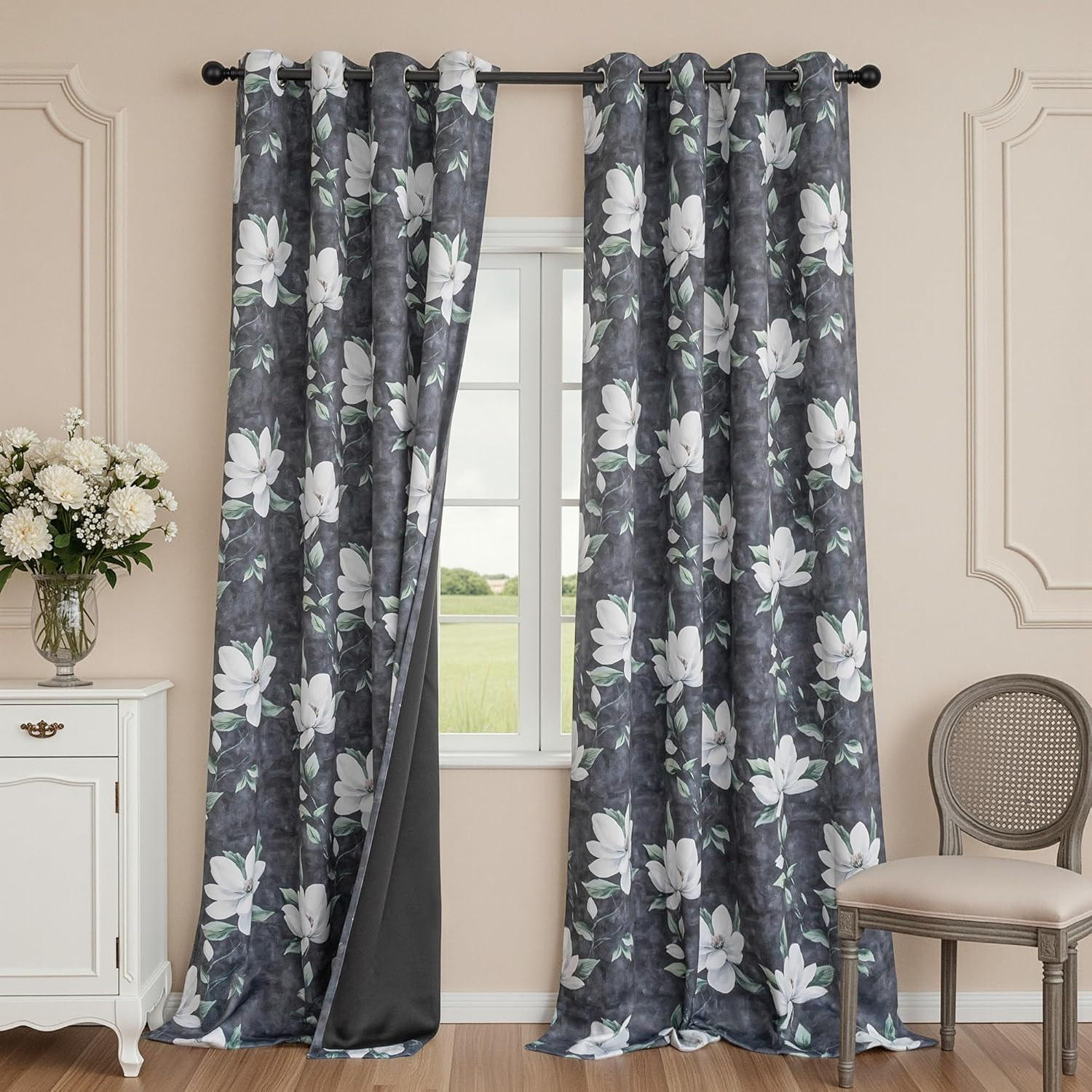 96″ Floral Blackout Curtains – 2 Panels, Deep Grey Energy Efficient